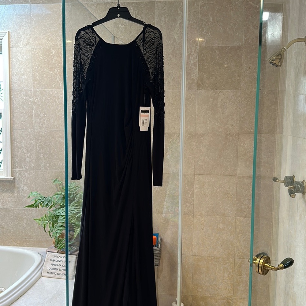 Black Cachet gown size 10 with side slit and sheer beaded sleeves NWT